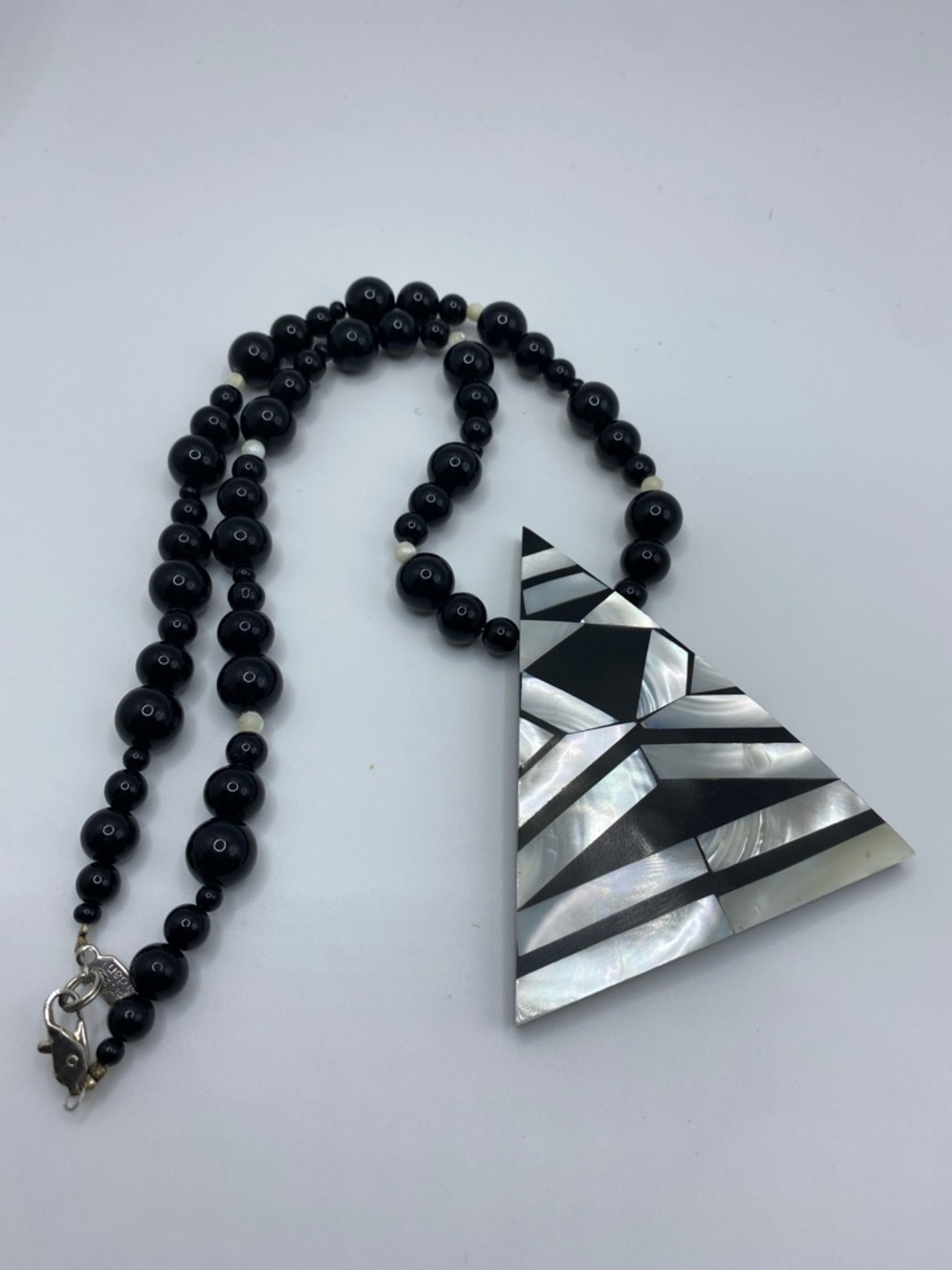 Karla Jordan Vintage Mother of Pearl inlay, Black Glass Bead Necklace.